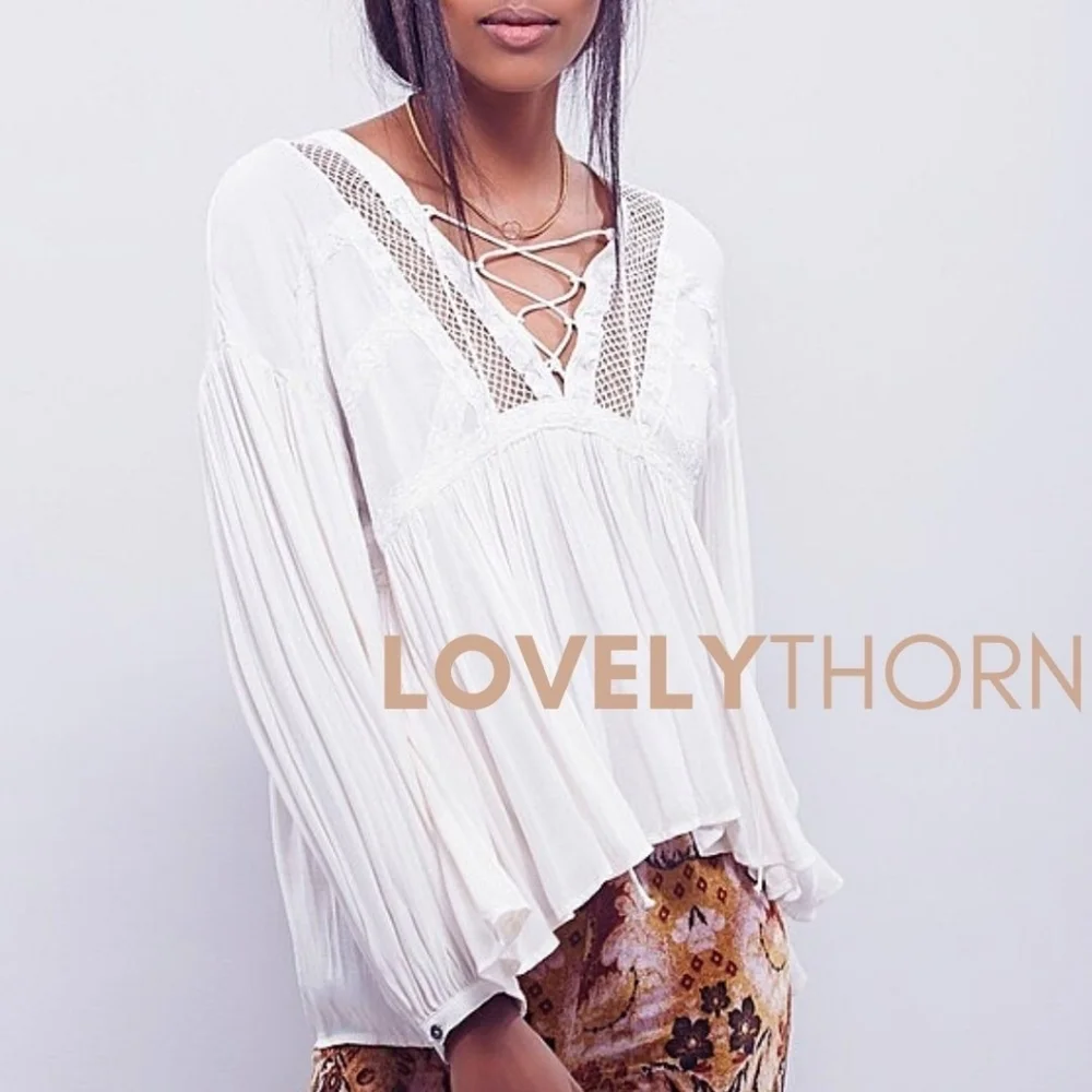 FREE PEOPLE // embroidered lace-up front open knit detail flowy plunge top - Picture 2 of 4